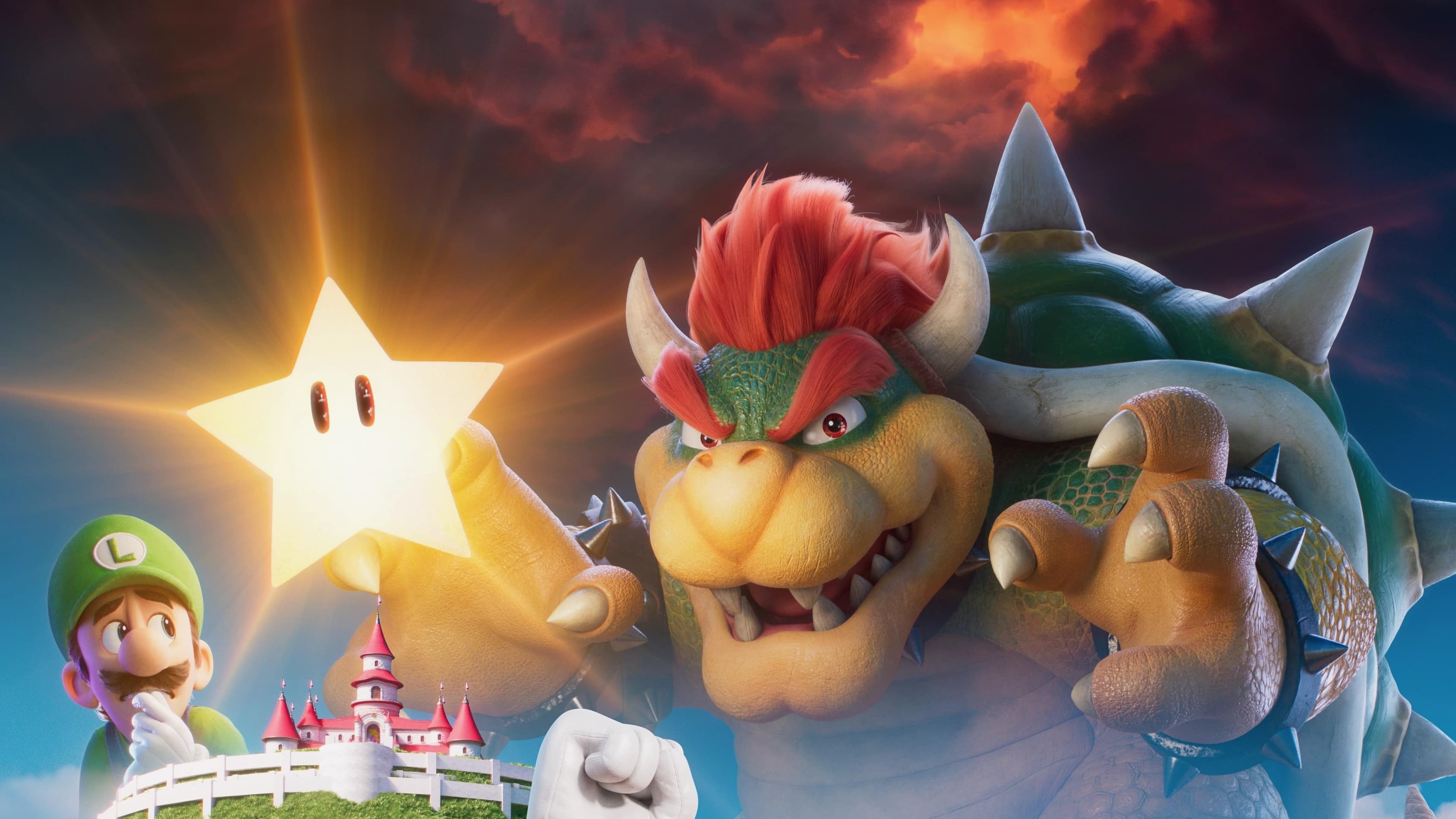 Luigi (left) and Bowser (right) look out to a shining star power-up.