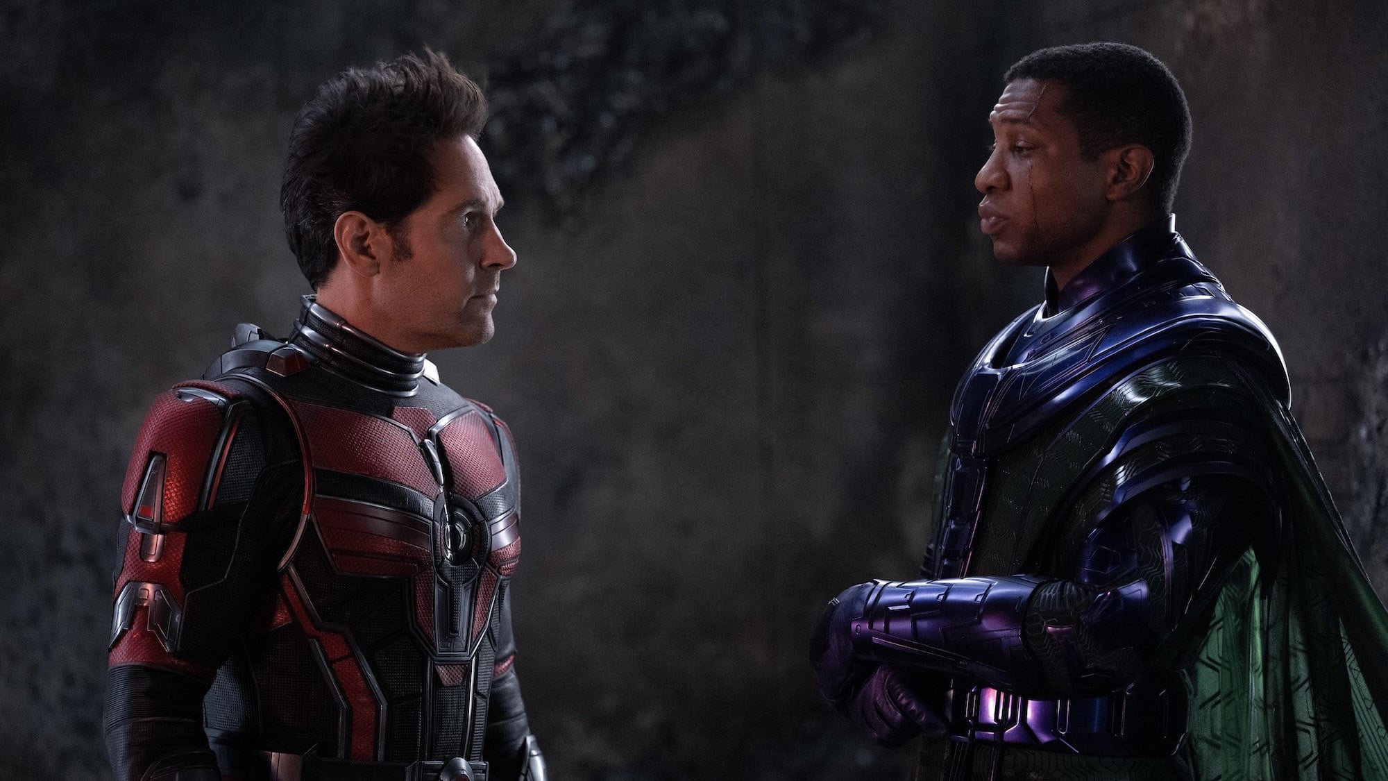 Ant-Man (Paul Rudd) stands facing Kang the Conqueror (Jonathan Majors) in a still from the latest MCU film entry.